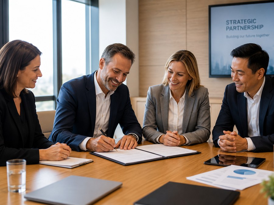 Board members reviewing and signing an agreement together in a meeting room